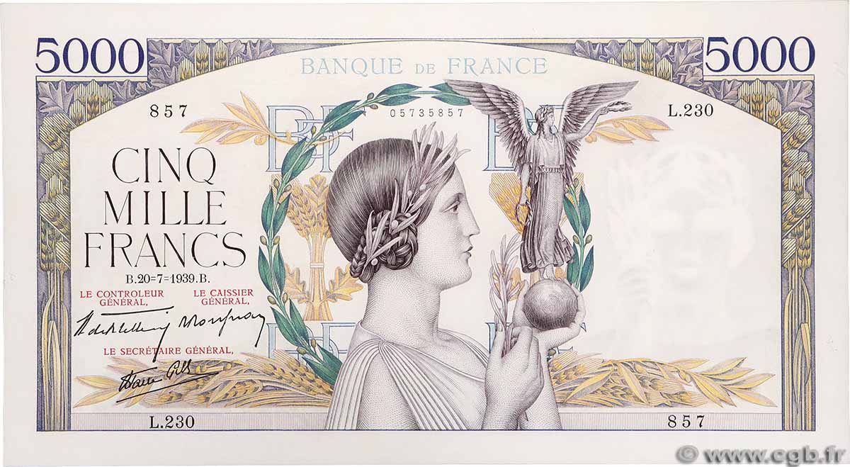 5000 Francs VICTOIRE Impression à plat FRANCIA 1939 F.46.08 AU