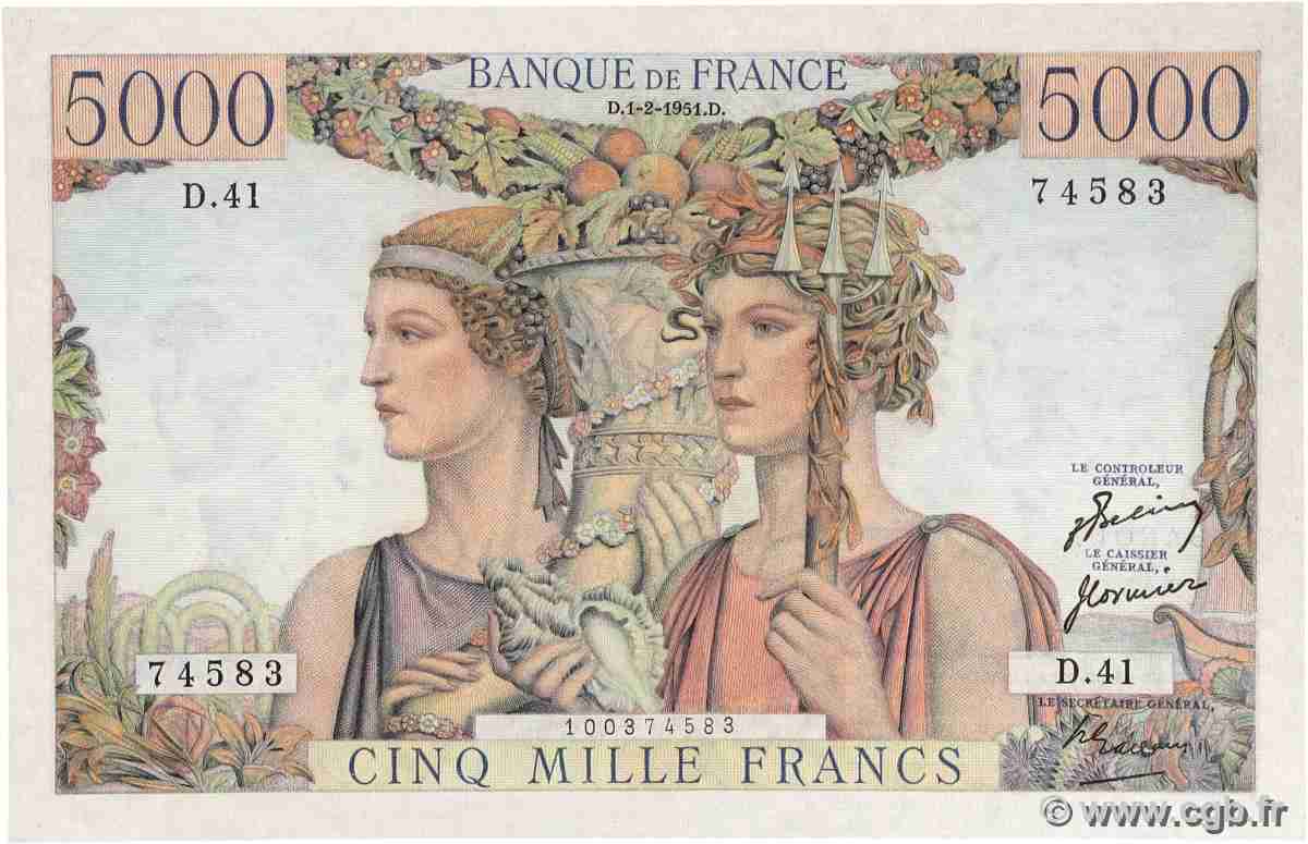 5000 Francs TERRE ET MER FRANCE 1951 F.48.03 XF