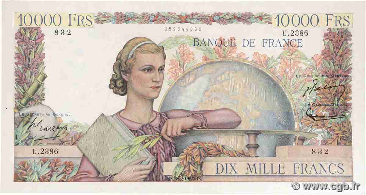 10000 Francs GÉNIE FRANÇAIS FRANCIA 1952 F.50.57 q.SPL