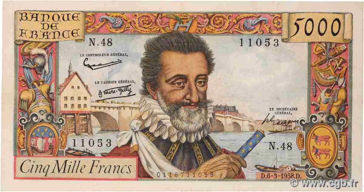 5000 Francs HENRI IV FRANCIA 1958 F.49.06 BB