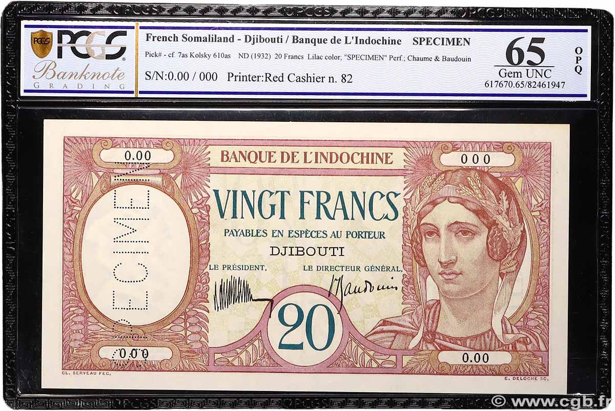 20 Francs Spécimen DJIBOUTI 1936 P.07as UNC
