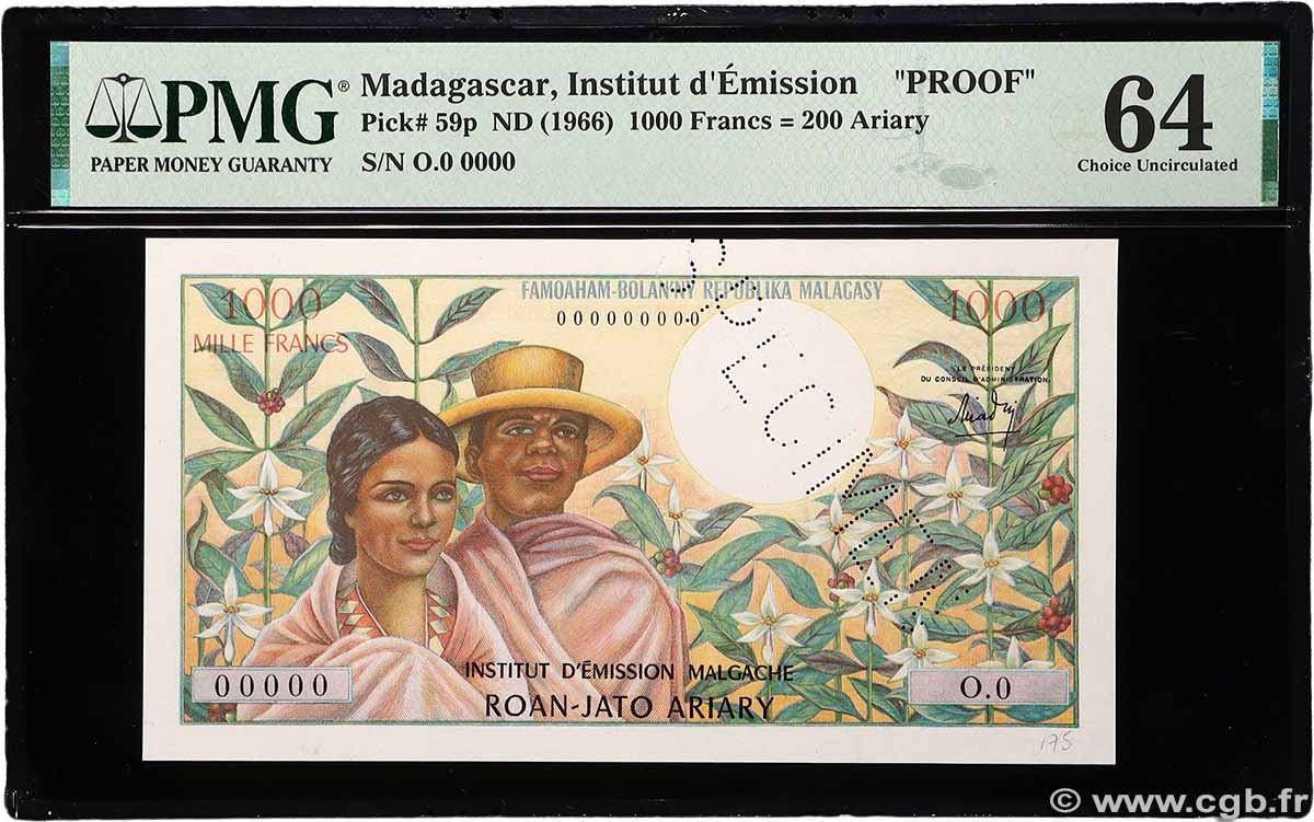 1000 Francs - 200 Ariary Épreuve MADAGASCAR 1966 P.059p UNC-