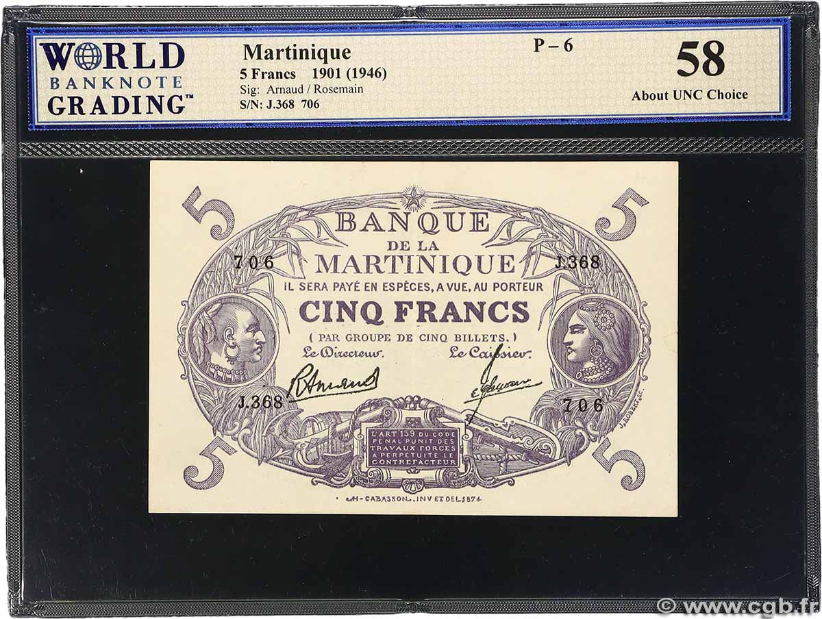 5 Francs Cabasson violet MARTINIQUE 1946 P.06 AU