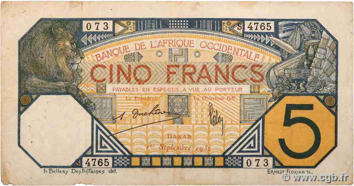 100 Francs FRENCH WEST AFRICA Dakar 1932 P.05Bf fSS