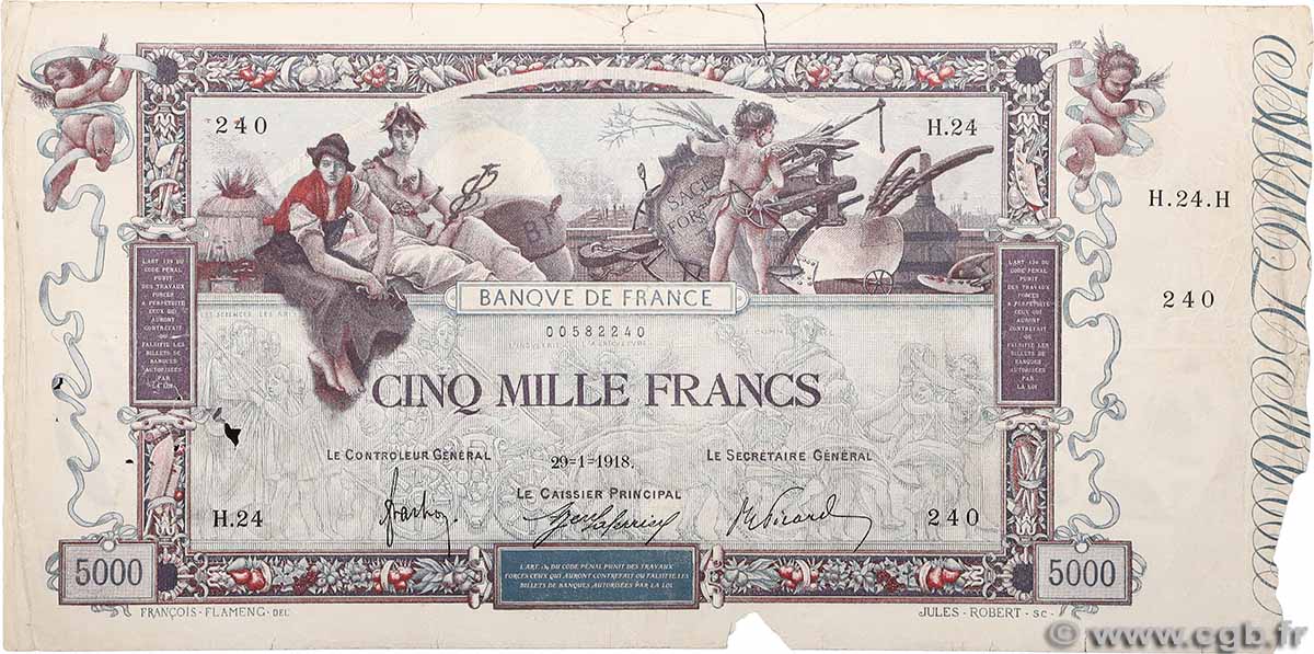 5000 Francs FLAMENG FRANCE 1918 F.43.01 G