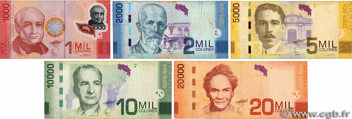 1000 à 20000 Colones Lot COSTA RICA 2009 P.274a, P.275a, P.276a, P.277a et P.278a TB