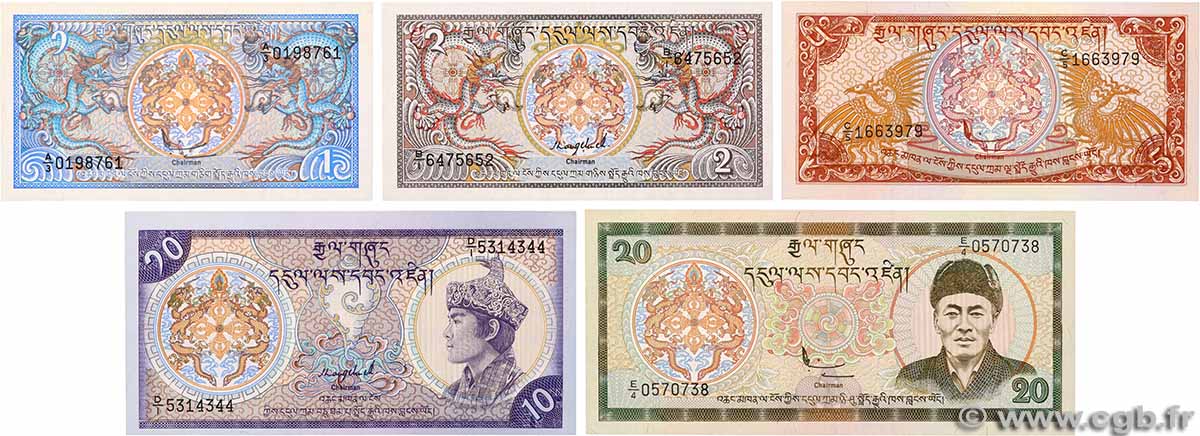 1, 2, 5, 10 et 20 Ngultrum Lot BHOUTAN 1986 P.12b, P.13, P.14b, P.15b et P.16b NEUF