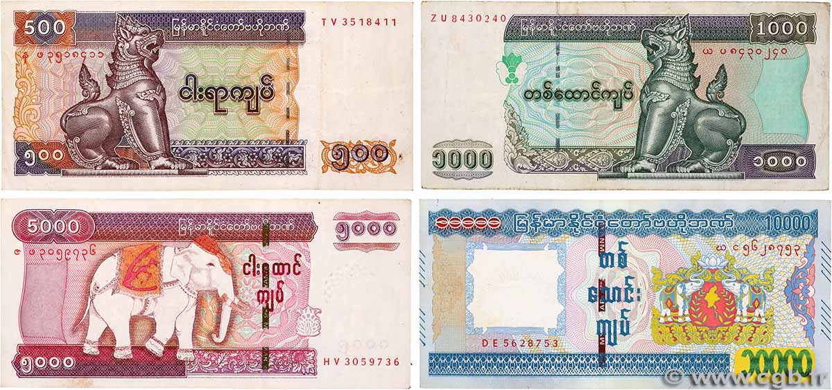 500, 1000, 5000 et 10000 Kyats Lot MYANMAR 2012 P.76b, P.77b, P.81 et P.82 TB à TTB