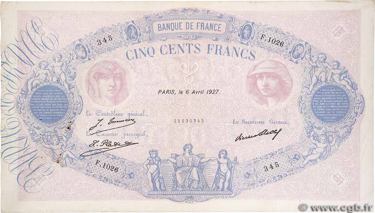 500 Francs BLEU ET ROSE FRANCE 1927 F.30.30 VF