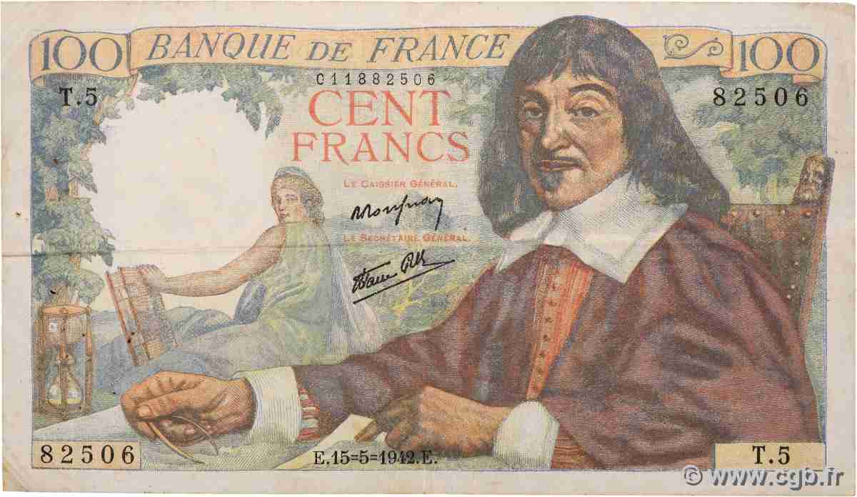 100 Francs DESCARTES FRANCE 1942 F.27.01 F+