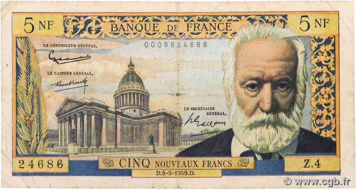 5 Nouveaux Francs VICTOR HUGO FRANCE 1959 F.56.01 G