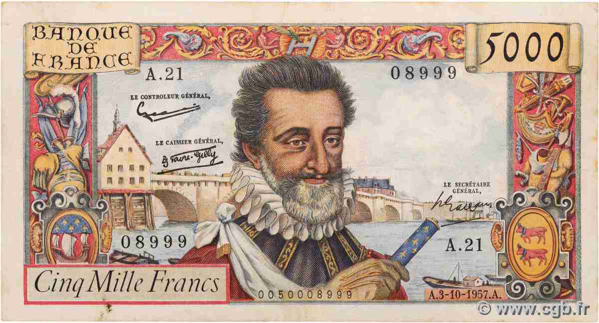 5000 Francs HENRI IV FRANCE 1957 F.49.03 TB