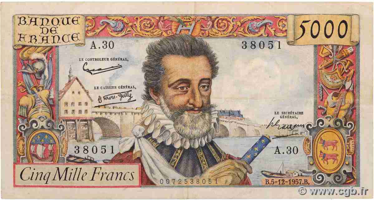 5000 Francs HENRI IV FRANCE 1957 F.49.04 TB