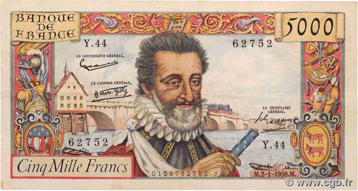 5000 Francs HENRI IV FRANCE 1958 F.49.05 pr.TTB