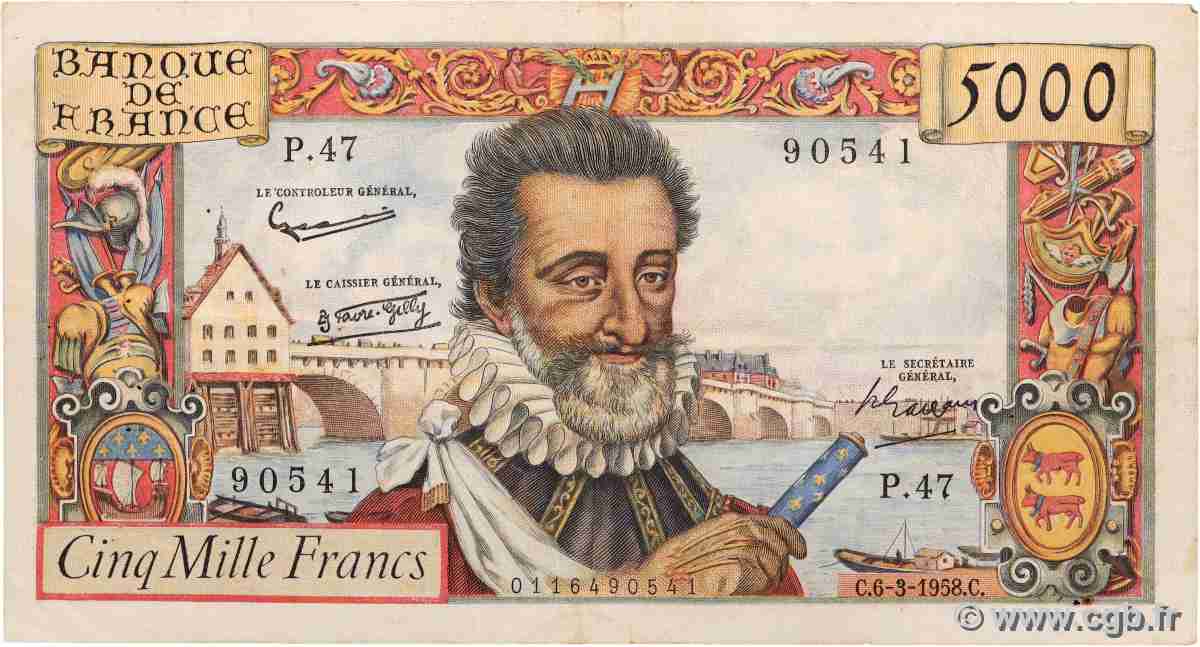 5000 Francs HENRI IV FRANCE 1958 F.49.06 TTB