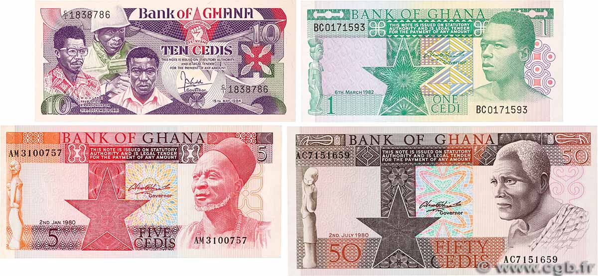 1, 5, 10 et 50 Cedis Lot GHANA 1984 P.17b, P.19b, P.22b et P.23a FDC