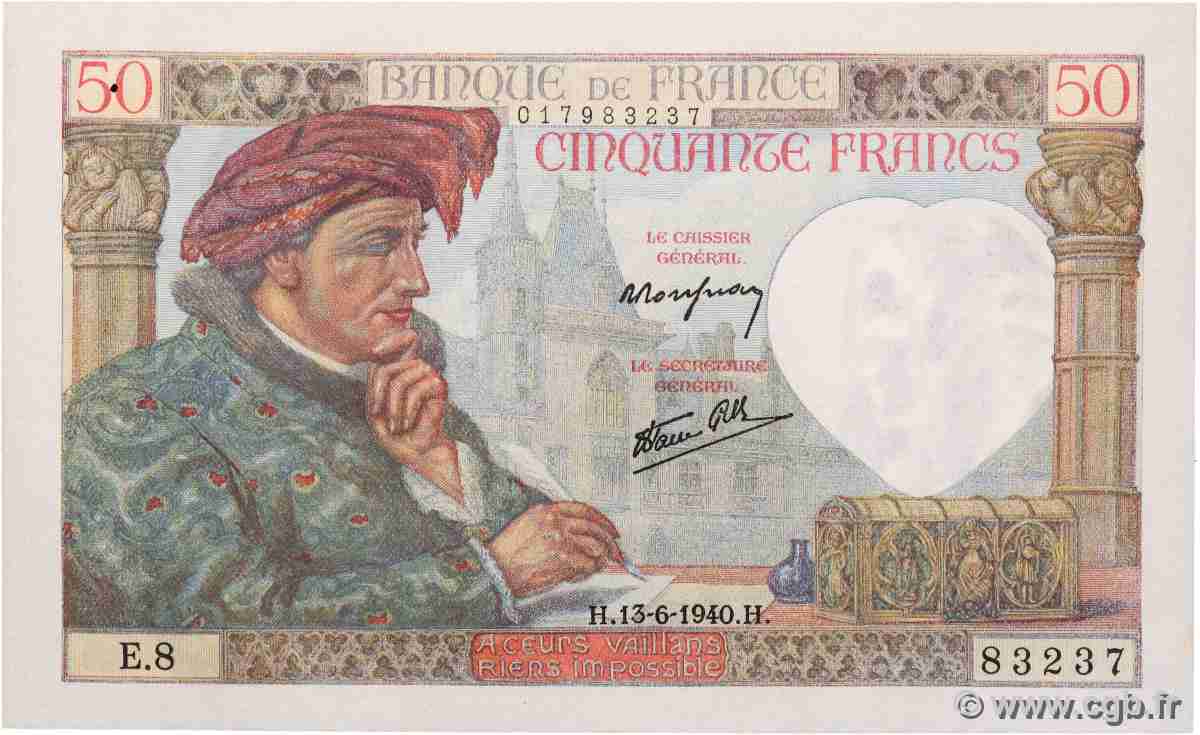 50 Francs JACQUES CŒUR FRANCE 1940 F.19.01 SPL