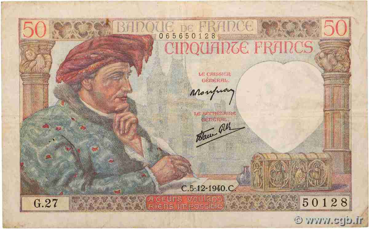 50 Francs JACQUES CŒUR FRANCE 1940 F.19.04 TB