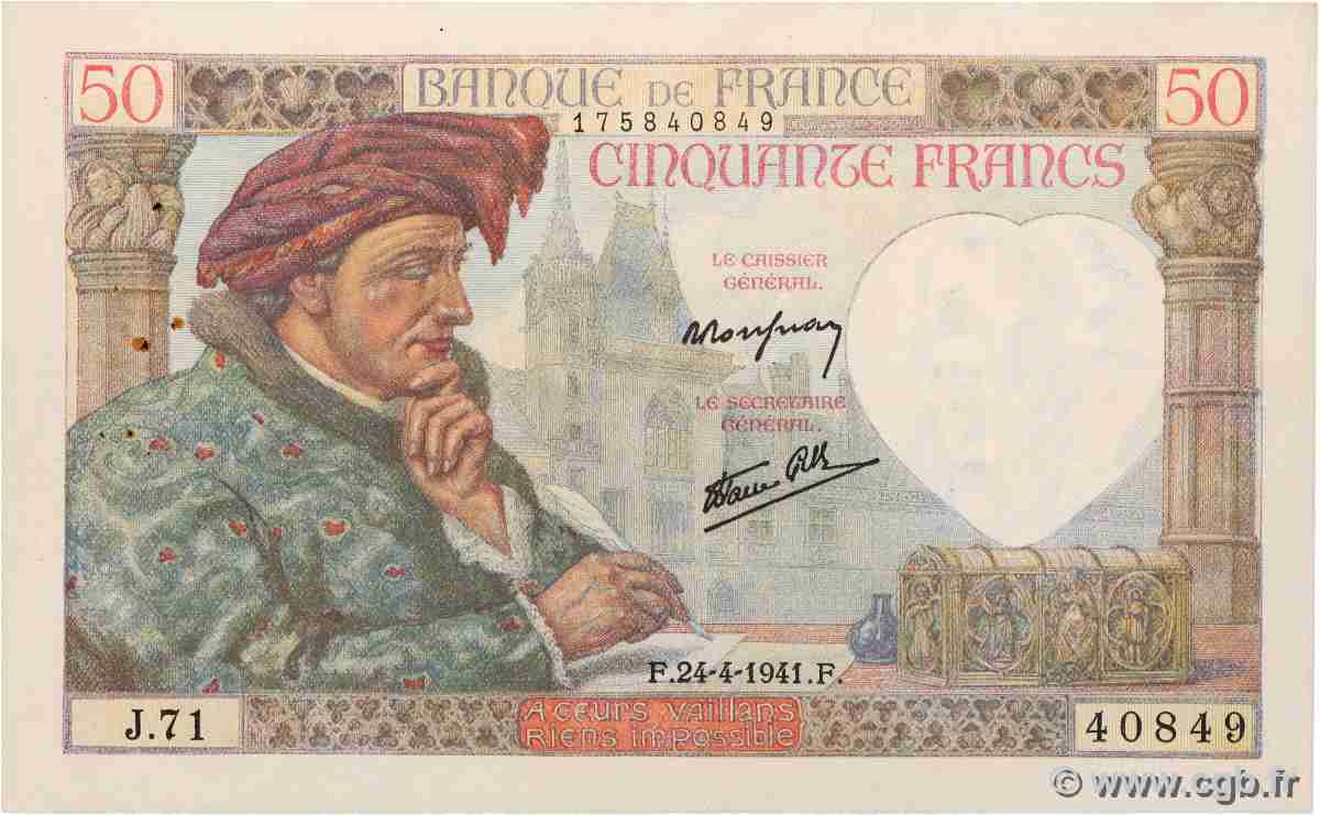 50 Francs JACQUES CŒUR FRANCE 1941 F.19.09 SUP