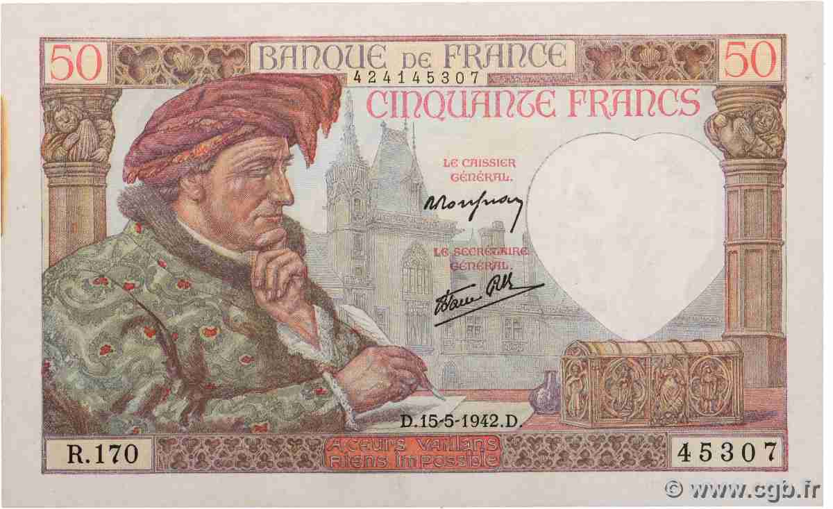50 Francs JACQUES CŒUR FRANCE 1942 F.19.20 pr.SPL