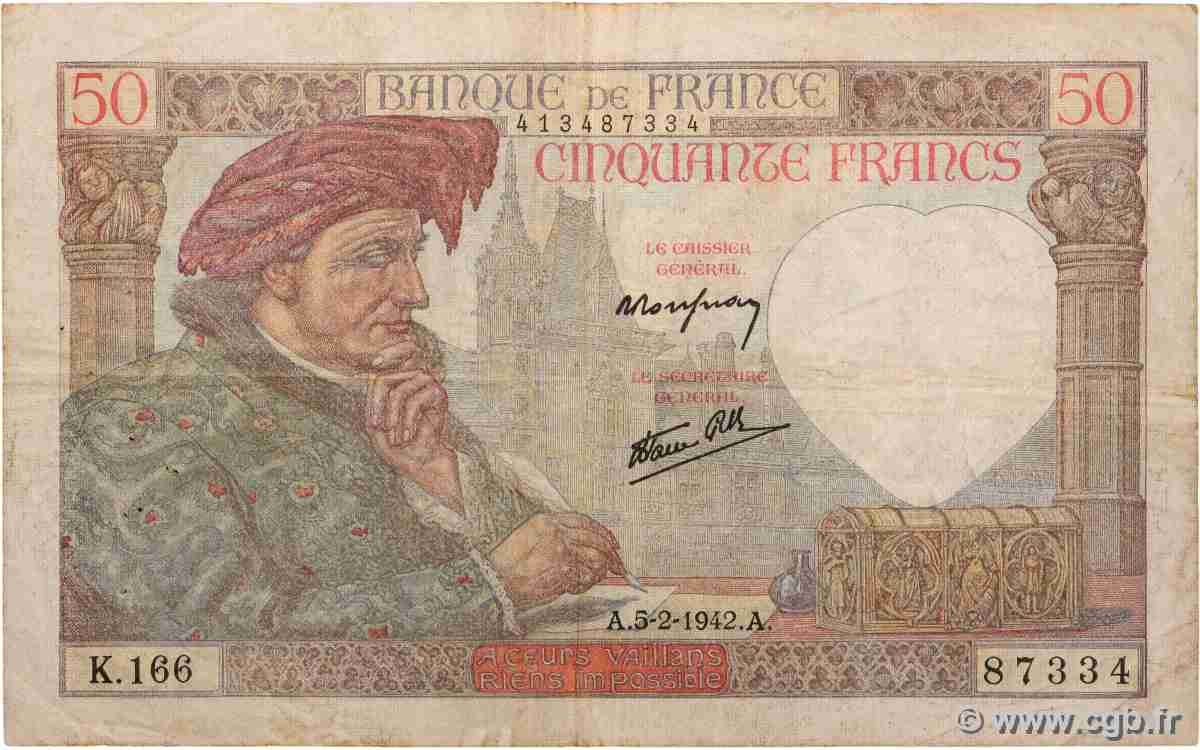 50 Francs JACQUES CŒUR FRANCE 1942 F.19.19 TB