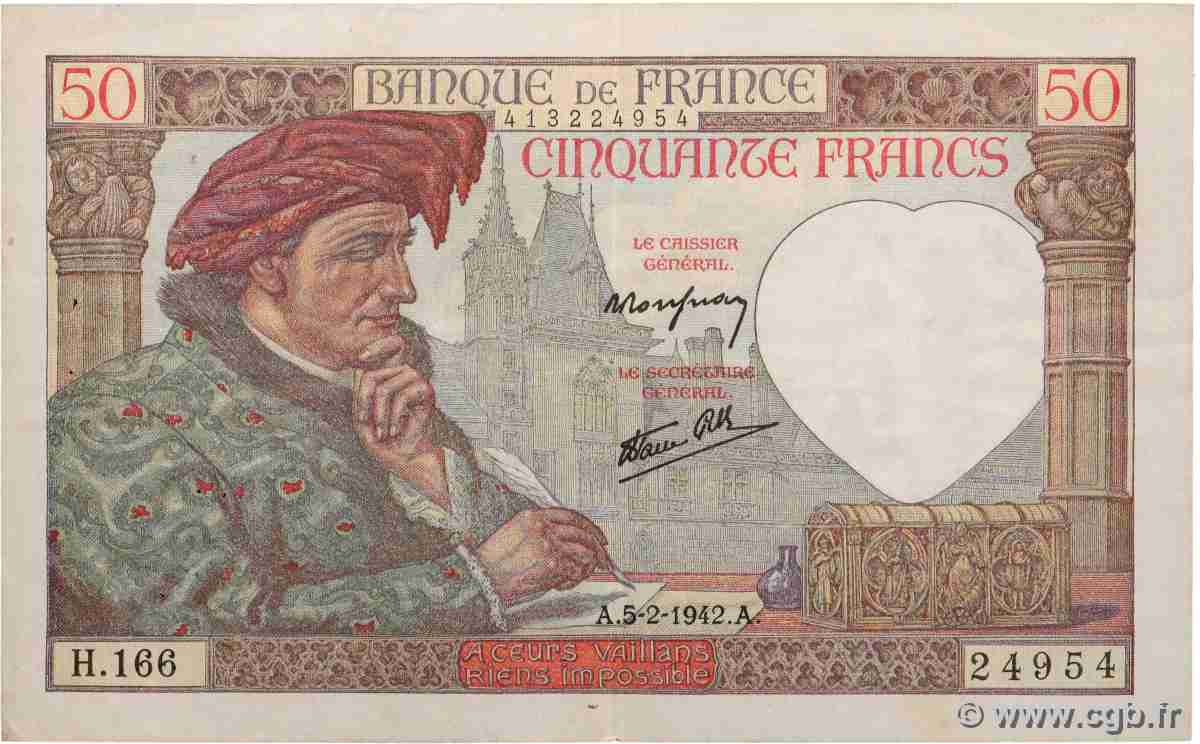 50 Francs JACQUES CŒUR FRANCE 1942 F.19.19 pr.TTB
