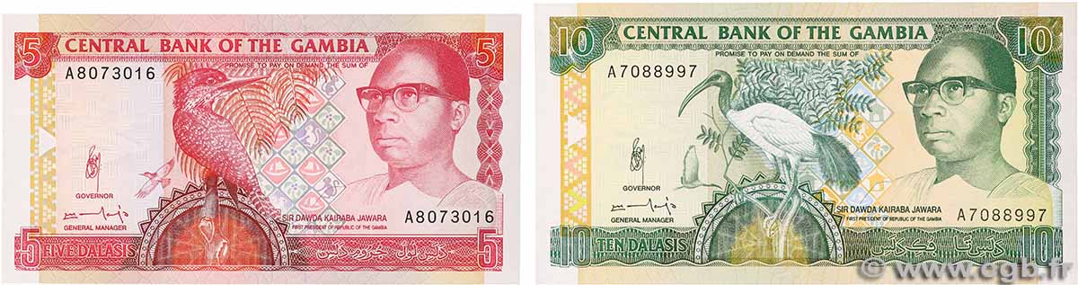 5 et 10 Dalasis Lot GAMBIA 1991 P.12b et P.13b FDC