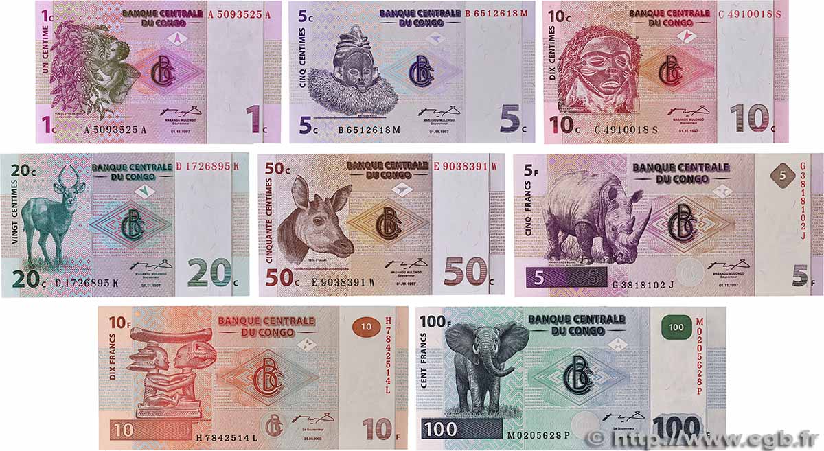 1, 5, 10 20 et 50 Centimes et 5, 10 et 100 Francs Lot REPUBBLICA DEMOCRATICA DEL CONGO 1997 P.080, P.081, P.082, P.083, P.084A, P.086A, P.092a et P.093a q.FDC
