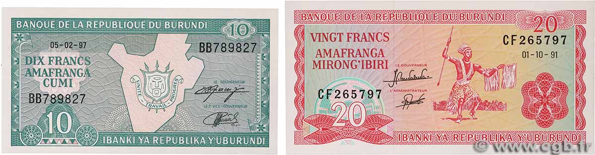 10 et 20 Francs Lot BURUNDI 1997 P.27c et P.33d FDC