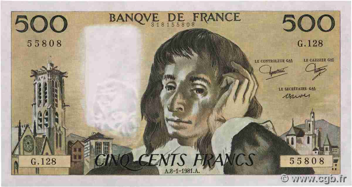 500 Francs PASCAL filigrane retourné Fauté FRANCE 1981 F.71bis.23 AU