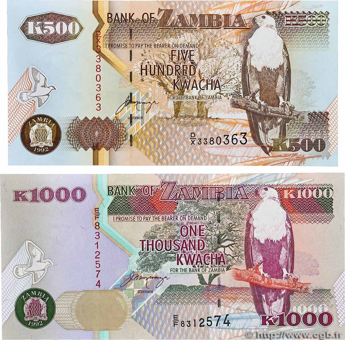 500 et 1000 Kwacha Lot ZAMBIA 1992 P.39b et P.40a FDC