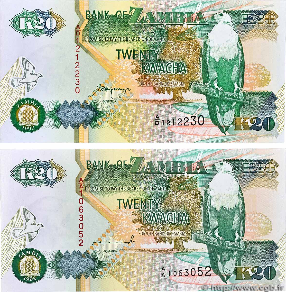 20 Kwacha Lot ZAMBIA 1992 P.36a et P.36b FDC