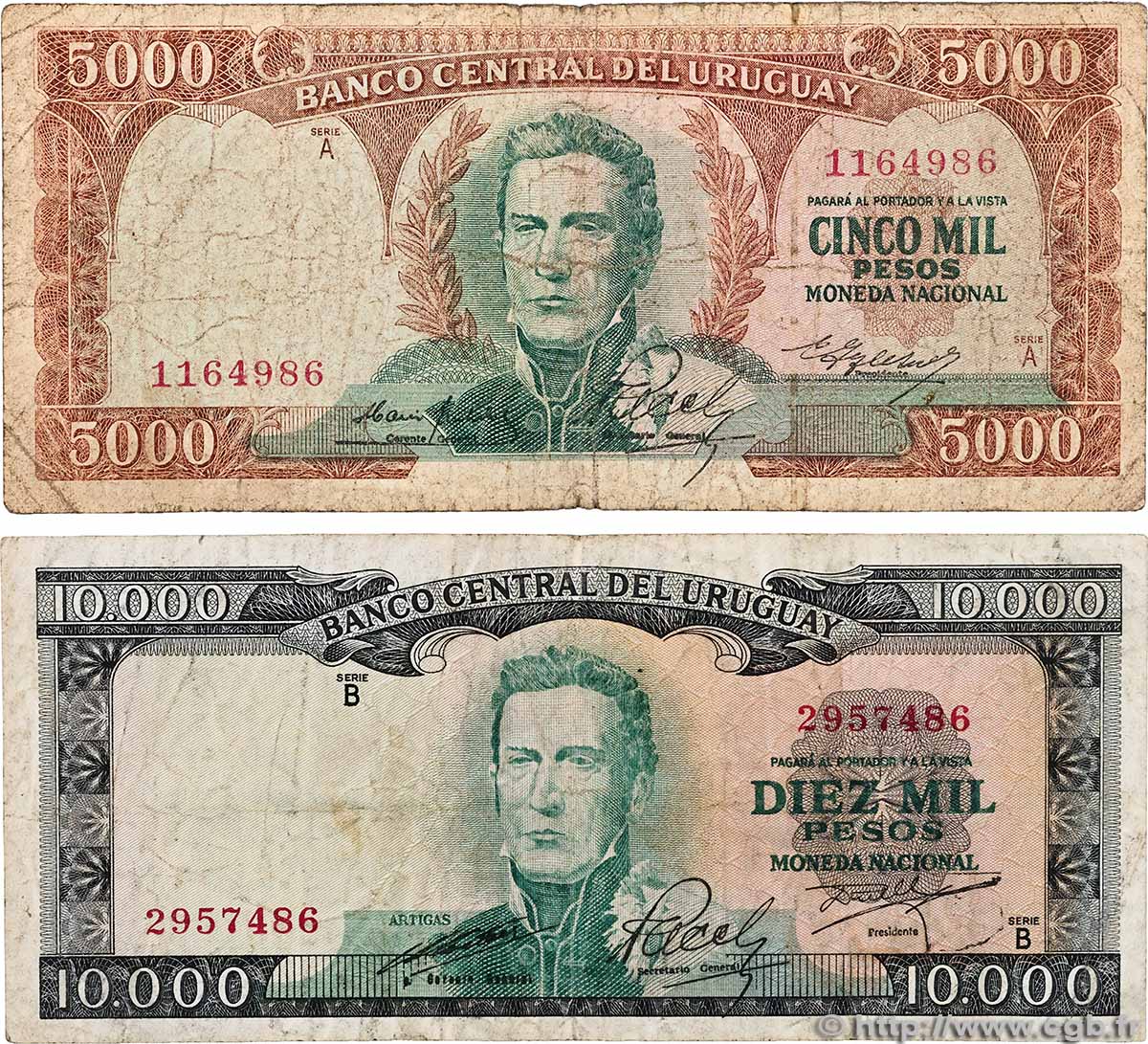 5000 et 10000 Pesos Lot URUGUAY 1967 P.050a et P.051c B a MB