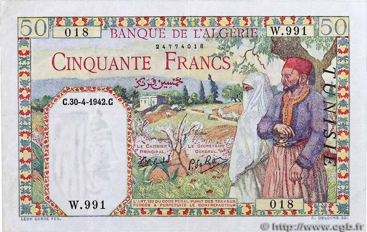 50 Francs TUNISIA 1942 P.12a BB