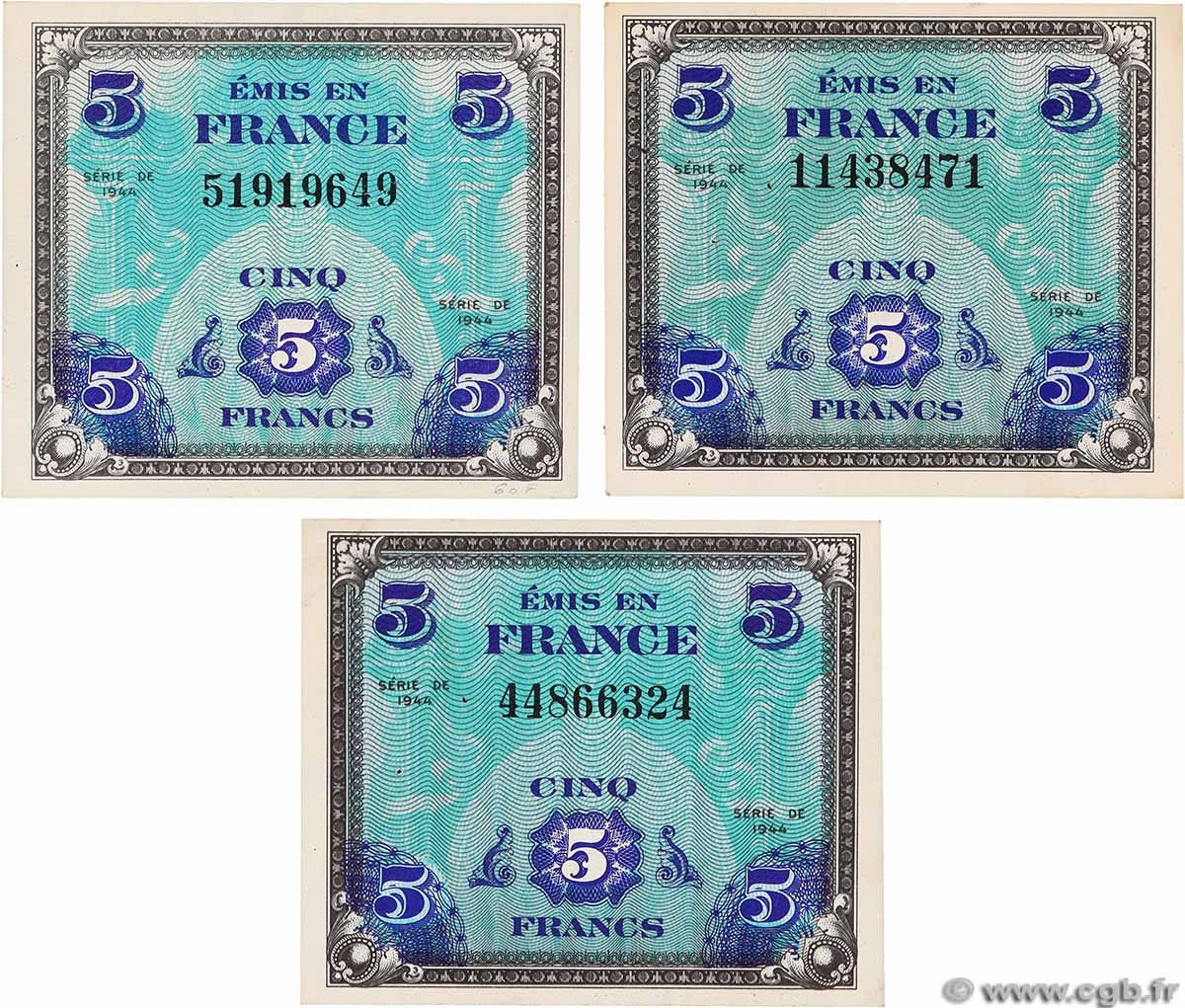 5 Francs DRAPEAU Lot FRANCE 1944 VF.17.01 TTB+
