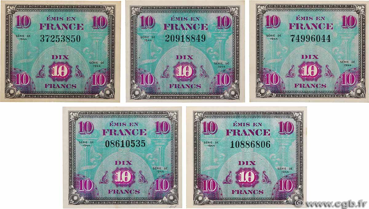 10 Francs DRAPEAU Lot FRANCE 1944 VF.18.01 TTB+
