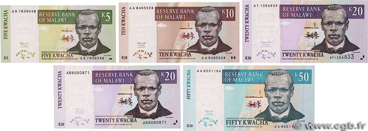 5 à 50 Kwacha Lot MALAWI 1997 P.36a, P.37, P.38a, P.39, P.44a FDC