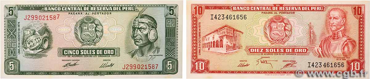 5 et 10 Soles de Oro Lot PERU 1974 P.106 q.FDC