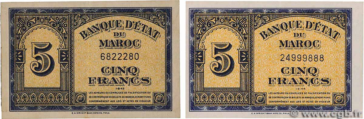 5 Francs Lot MAROC 1943 P.24 SUP