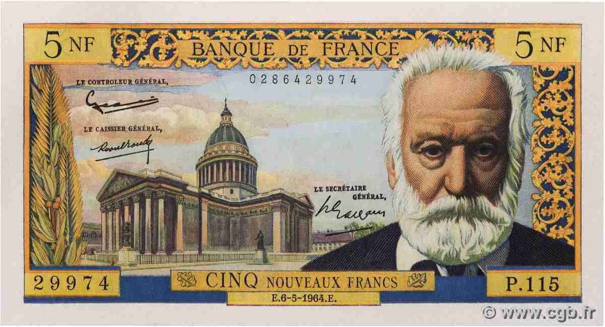 5 Nouveaux Francs VICTOR HUGO FRANCIA 1964 F.56.15 AU