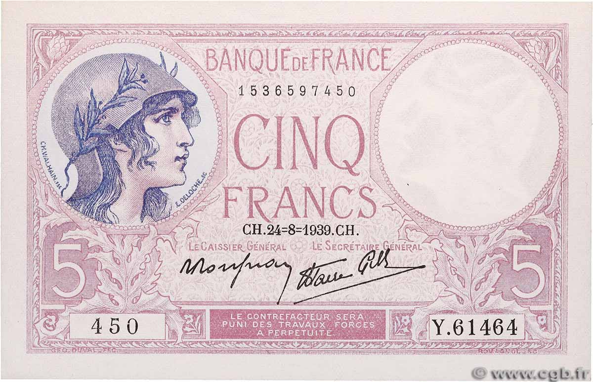 5 Francs FEMME CASQUÉE modifié FRANCE 1939 F.04.07 NEUF