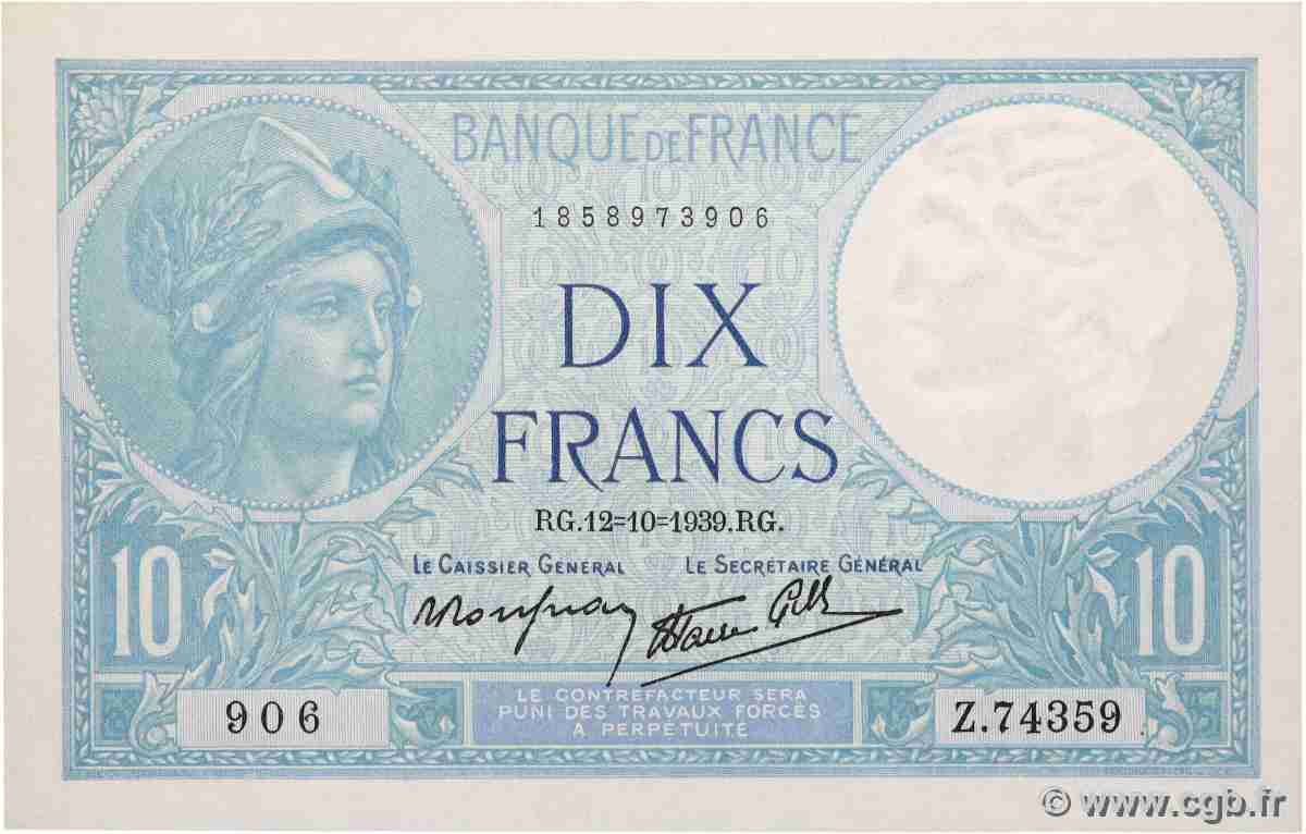 10 Francs MINERVE modifié FRANCE 1939 F.07.11 pr.NEUF