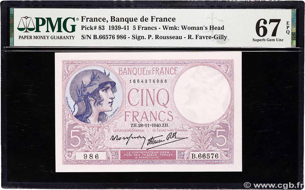 5 Francs FEMME CASQUÉE modifié FRANCE 1940 F.04.15 NEUF