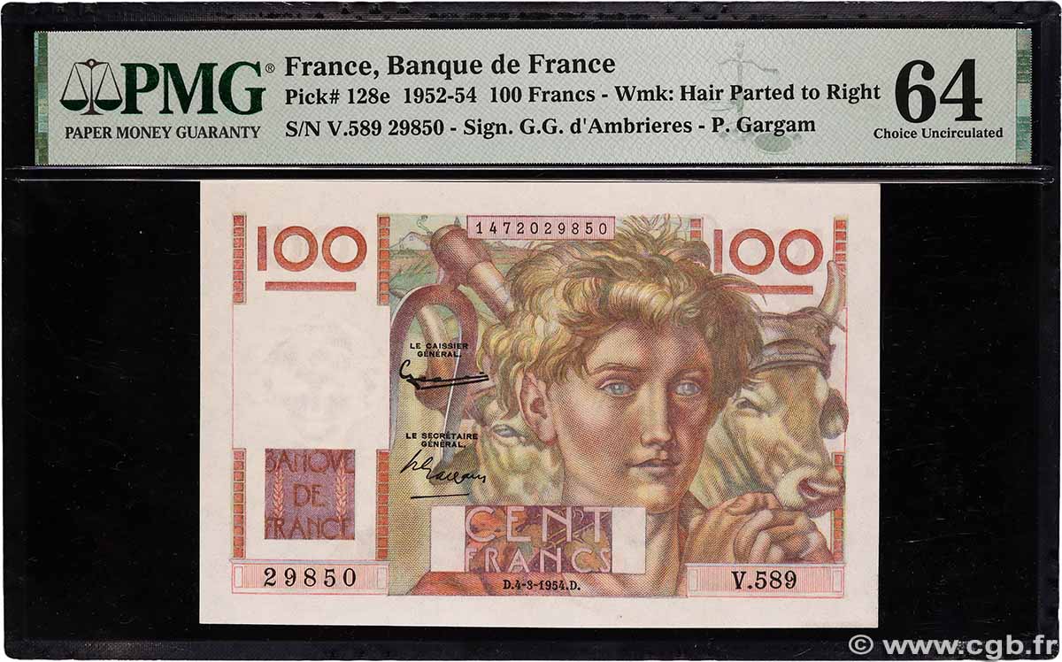 100 Francs JEUNE PAYSAN filigrane inversé FRANCE 1954 F.28bis.05 pr.NEUF