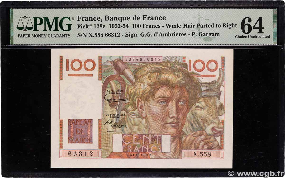 100 Francs JEUNE PAYSAN filigrane inversé FRANCE 1953 F.28BIS.03 pr.NEUF