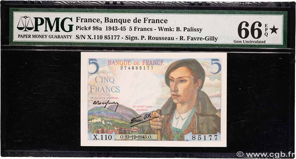 5 Francs BERGER FRANCE 1943 F.05.05 NEUF