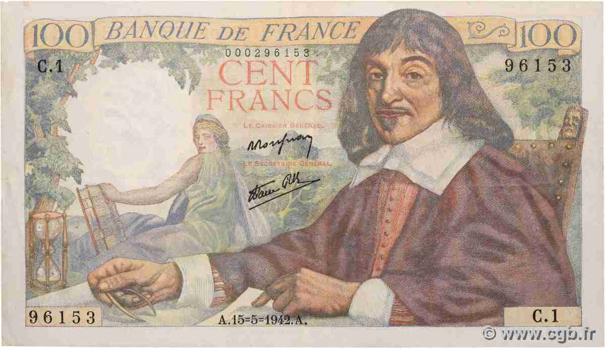 100 Francs DESCARTES FRANCE 1942 F.27.01 pr.TTB