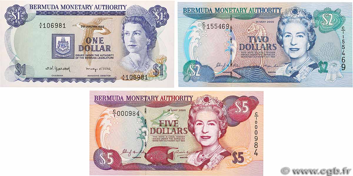 1, 2 et 5 Dollars Lot BERMUDES 1982 P.28b, P.50b et P.51a pr.NEUF