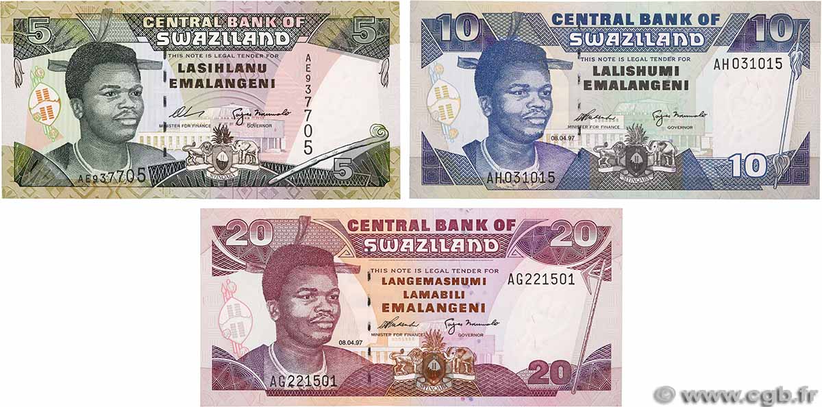 5, 10 et 20 Emalangeni Lot SWAZILAND 1995 P.23a, P.24b et P.25b UNC
