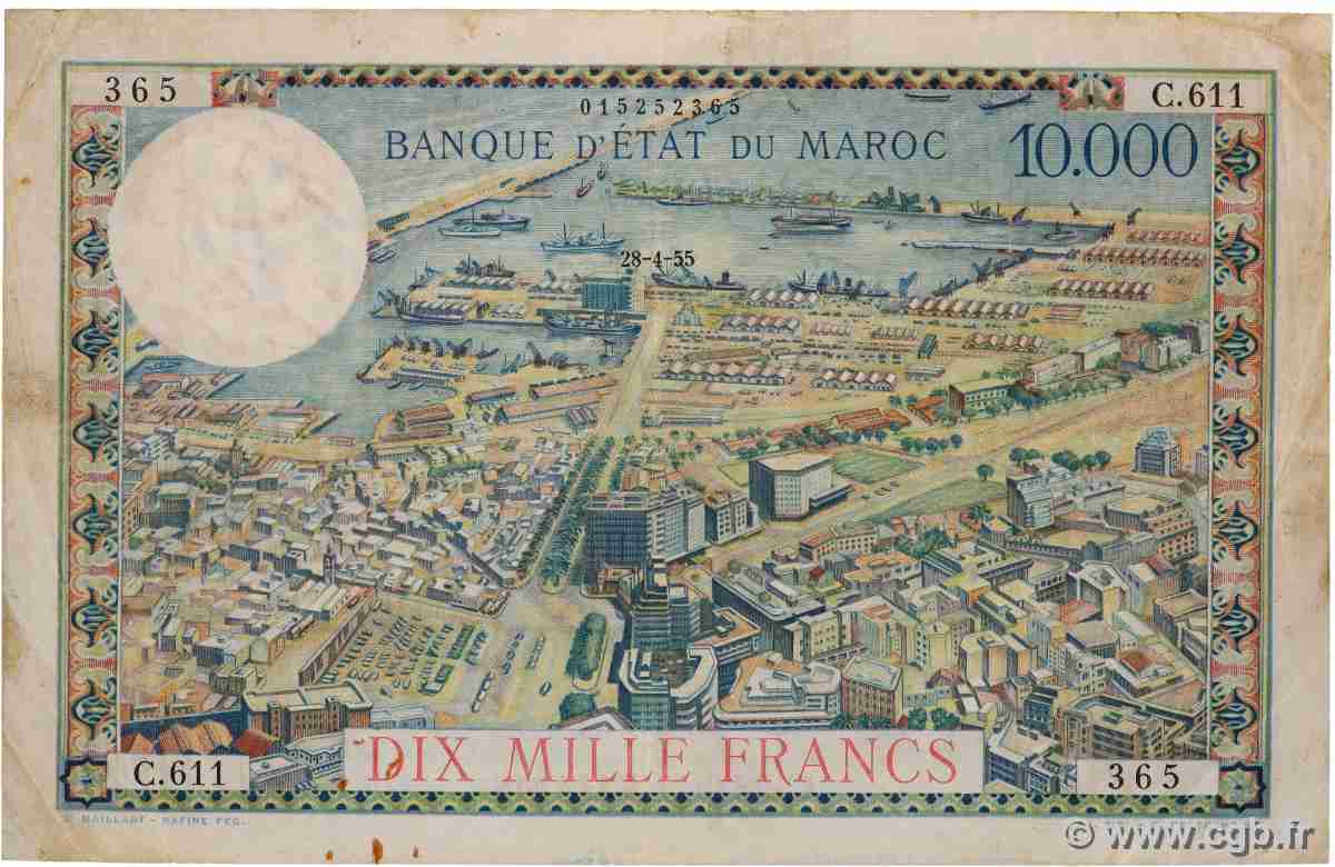 10000 Francs MARUECOS 1955 P.52 BC+